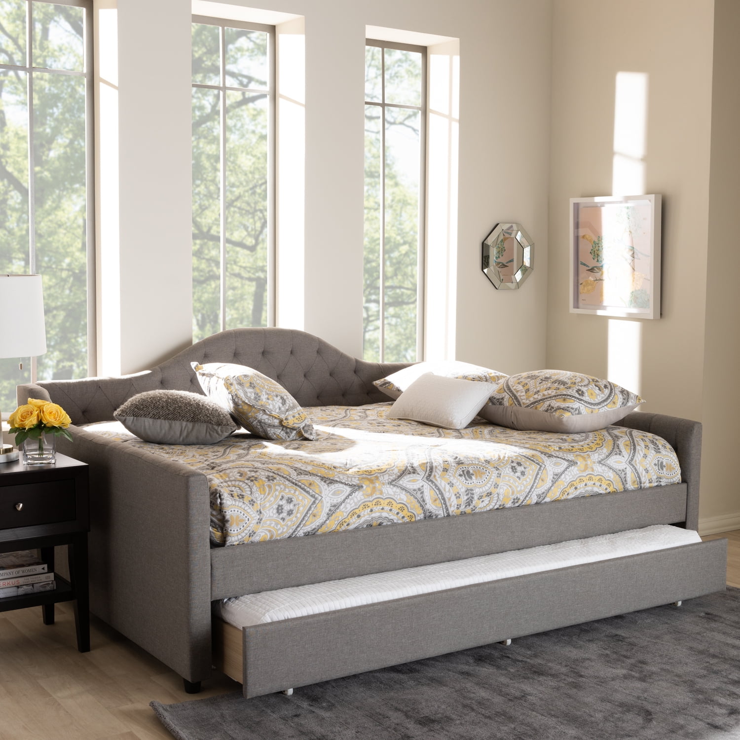 Queen Size Daybed with Trundle - Modern Grey Upholstered Daybed, Button ...