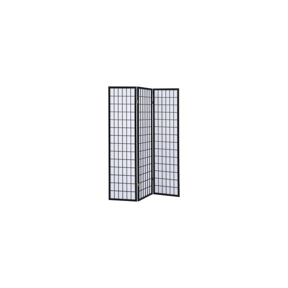 HomeStock Lakefront Luxury Panel Screen with Grid Design Wooden Frame, Black, 0.75" L x 52" W x 70.25" H, 3 Panel Wooden Frame with Linear Grid Design and White Inserts
