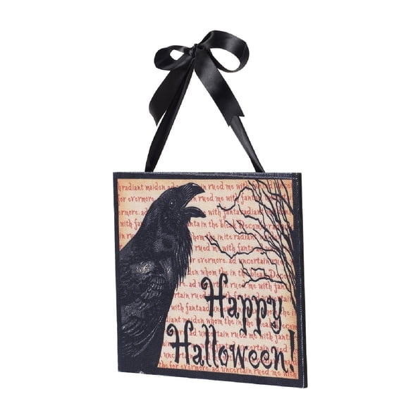 Halloween Wall Sign - 14" x 10" - Crow & Ribbon Hanger - MDF Decor