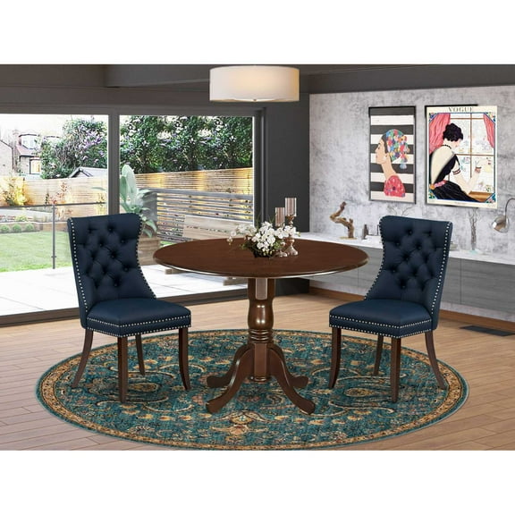 Modern 3 Piece Dining Set - Round Kitchen Table with Dropleaf & 2 Navy Blue Chairs