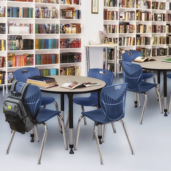 HomeStock Lakeside Living 30" Round Height Adjustable Mobile Classroom Table in Maple Blends Natural Serenity with Adjustable Workspace Convenience