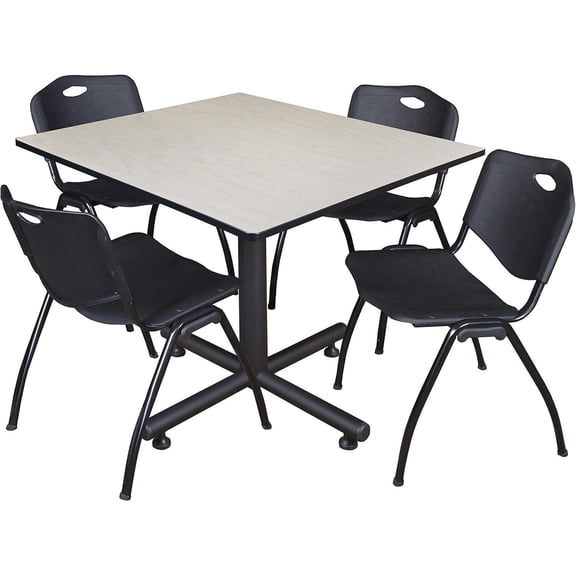 HomeStock Lakeside Living 48" Square Breakroom Table- Maple & 4 'M' Stack Chairs- Black, Ideal for Cafeterias, Dining, and Office Spaces
