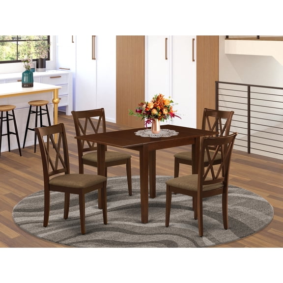 Dining Room Table Set for 5 - Wood Dining Table with 4 Chairs - Linen Fabric Seat - Mahogany Finish