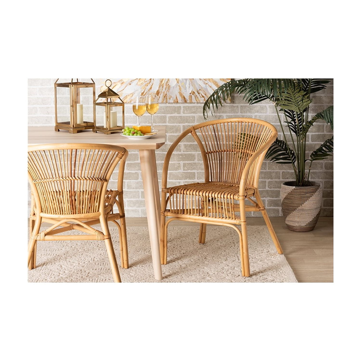 Natural Brown Rattan and Cane Dining Chair with Sloping Armrests
