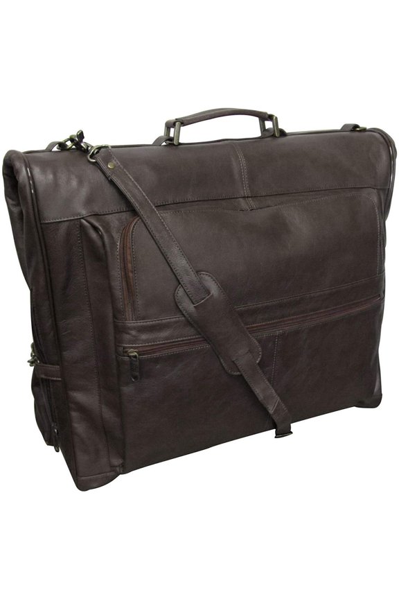 Leather Three-Suit Garment Bag in Top Grain Genuine Leather with Shoulder Strap, Spacious Compartments, and Wrinkle-Free Suit Holder, 23" x 5" x 19"