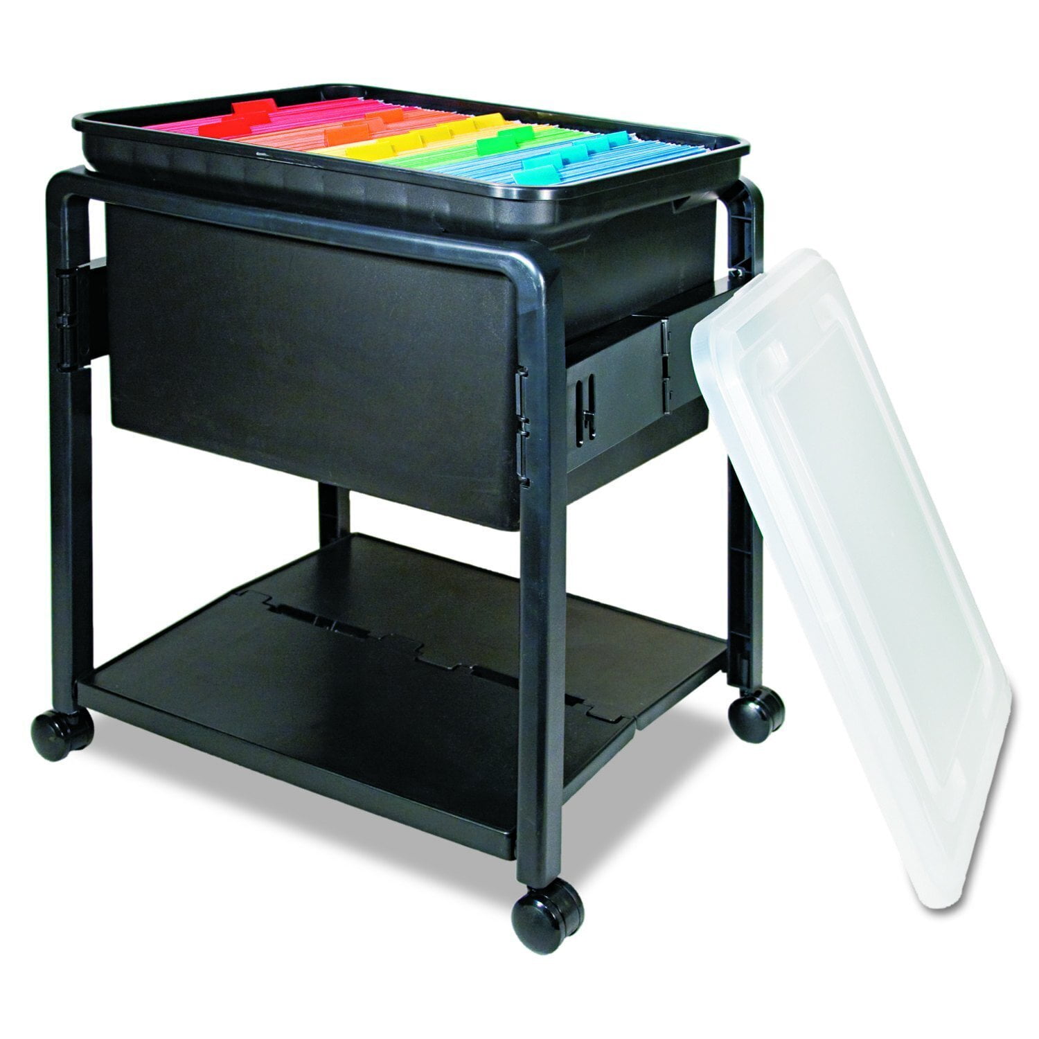 Black Metal Rolling File Cart with Clear Lid and Storage Shelf