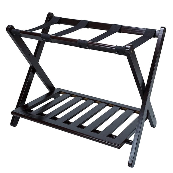 Folding Luggage Rack with Shelf - Hotel Style Storage Rack for Guests & Travel - Sturdy Espresso Finish