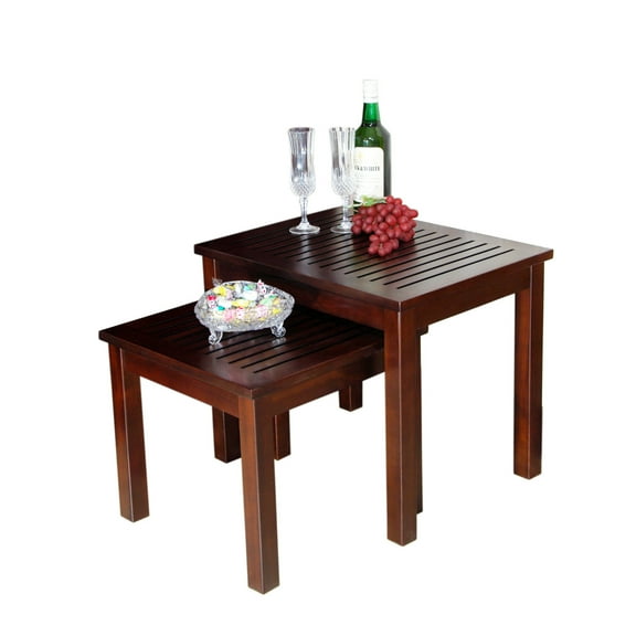 HomeStock Mahogany Nesting Tables Set of 2 Solid Wood Rectangular End Tables 16.5"D x 21.75"W x 18"H Elegant Brown Finish Perfect for Lamp or Display Use