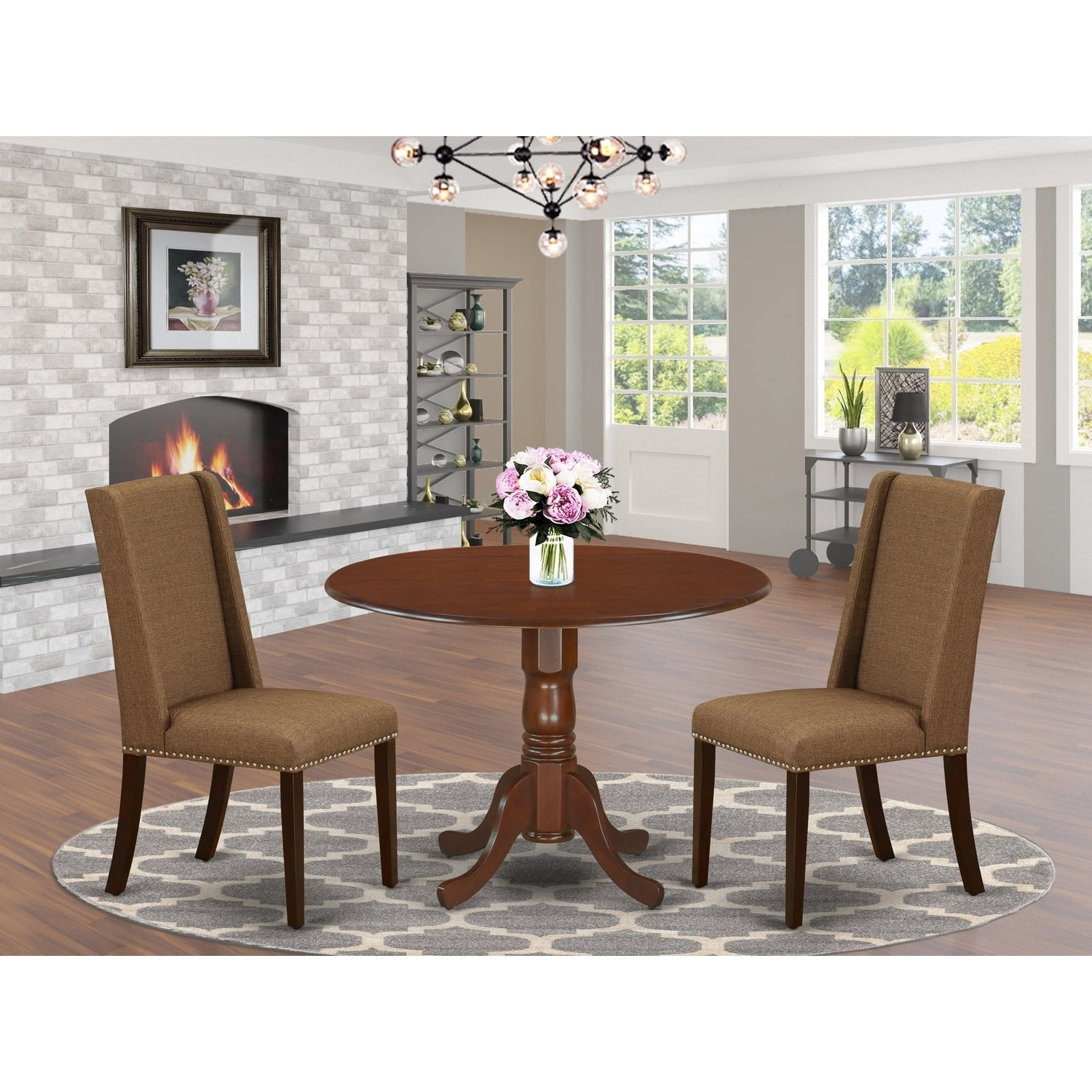 Round Kitchen Table & Chair Set - 3 Piece Dinette Set - Linen Parsons ...