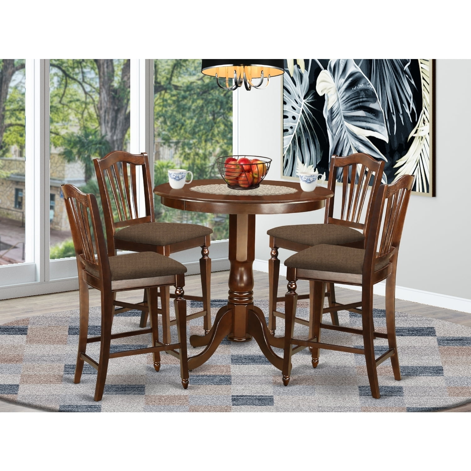Counter Height Dining Set - 5 Piece Table & Chair Set - Round Pedestal ...