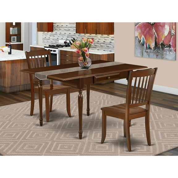 Medieval Dinette Set - 3 Piece Dining Table & Chair Set - Wood Drop Leaf Table with Slat Back Chairs - Mahogany Finish
