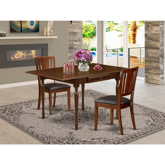 Medieval Dining Table Set - 3 Piece Table & Chair Set - Drop Leaf Table with Faux Leather Seats - Mahogany Finish