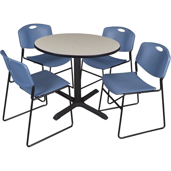 HomeStock Medieval Majesty 42" Round Breakroom Table- Maple & 4 Zeng Stack Chairs- Blue, Ideal for Cafeterias, Dining, and Office Spaces