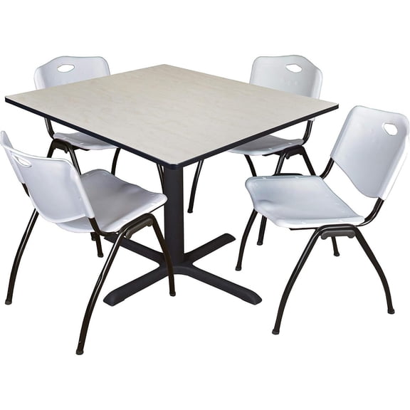 HomeStock Medieval Majesty 48" Square Breakroom Table- Maple & 4 'M' Stack Chairs- Grey, Ideal for Cafeterias, Dining, and Office Spaces