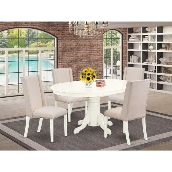 HomeStock Medieval Majesty 5-Piece Kitchen Dinette Set Included A Butterfly Leaf Oval Kitchen Table & 4 Kitchen Chairs, Cream Linen Fabric Kitchen Chairs Seat With Rubber Wood Legs, Linen White Finish