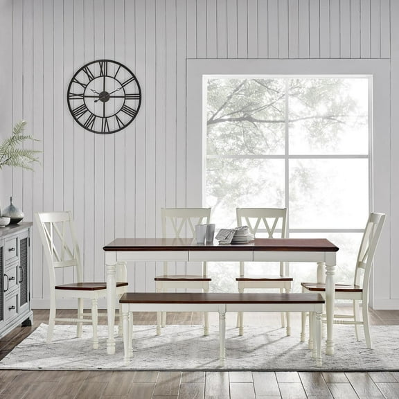 HomeStock Medieval Majesty Dining Set with Table and Extension Leaf, Rectangular Dining Table w/ 18" Extension Leaf, Rustic Dining Set for Dining Rooms-Color:Distressed White,Size:6 Piece