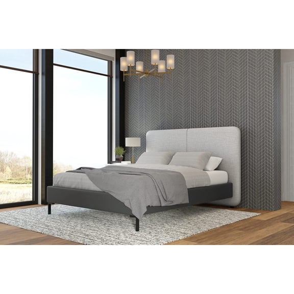 Majesty Bed - Low Profile Platform Bed - Faux Leather & Linen - Metal Legs - 69"W x 84"D x 51"H