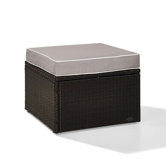 Outdoor Wicker Ottoman - Patio Footrest with Cushion - Modern Rattan Bench - 23" Square - Brown & Gray