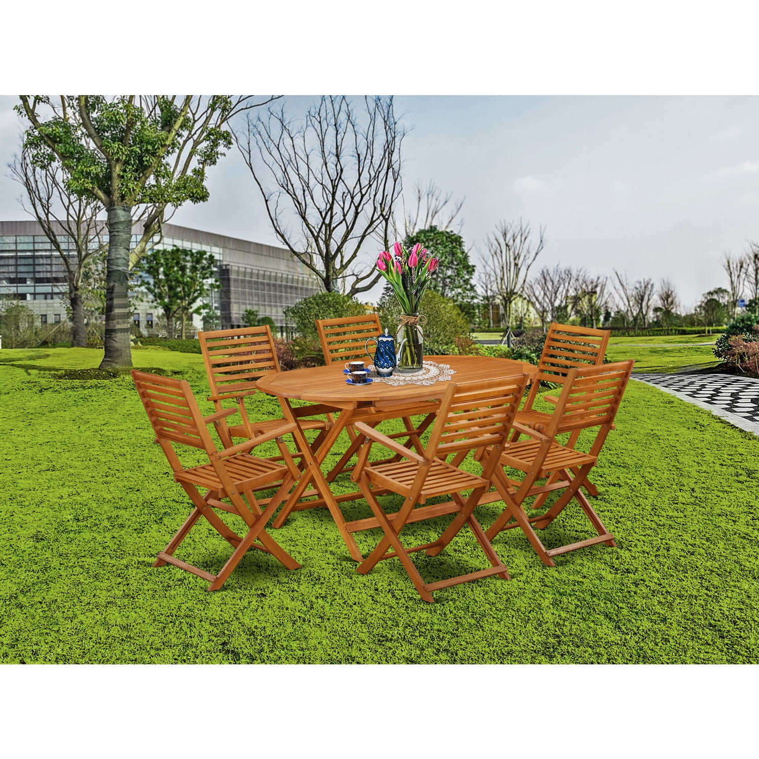 Outdoor Patio Dining Set 7 Piece Acacia Wood Table & Folding Chairs ...