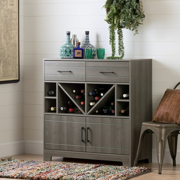 HomeStock Medieval Moods Bar Cabinet with Liquor and Wine Bottle Storage with Drawers, Gray Maple with Metal Handles - 16.75"D x 38.25"W x 40"H