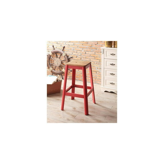 HomeStock Medieval Moods Bar Stool (1Pc), Natural & Red, 30" Seat Height - 18"D x 18"W x 30"H, Wood Seat Material Type, Contrasting Finish, Crossbars Support, Armless