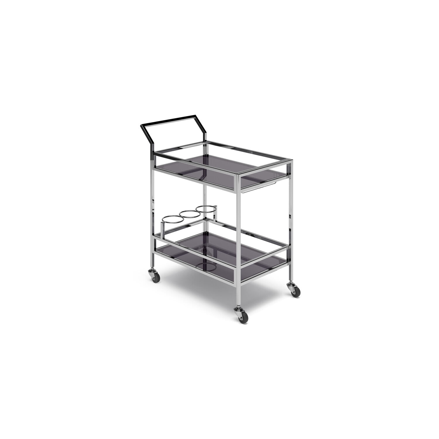 Contemporary Chrome Bar Cart with Tempered Glass Shelves and Wine Storage
