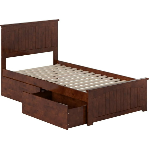 HomeStock Medieval Moods Twin Solid Wood Platform Bed with Matching Footboard & Storage Drawers in Walnut
