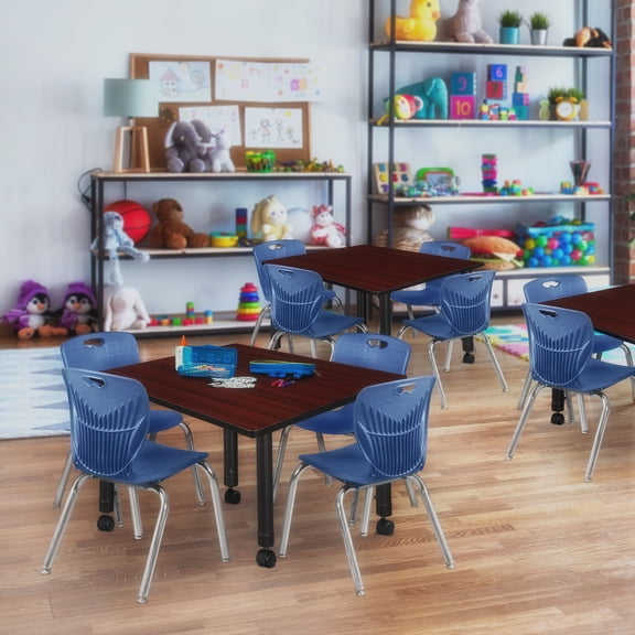 HomeStock Mediterranean Magic 48" Square Height Adjustable Mobile Classroom Table in Mahogany with 4 Navy Blue 12" Stack Chairs for Coastal-Inspired Classrooms