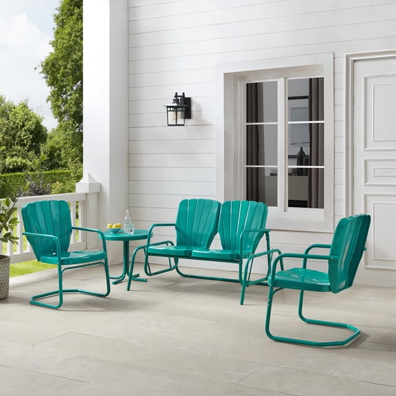 Mediterranean Magic 4 Piece Outdoor Metal Conversation Set in Gloss Finsh- Loveseat , Side Table, & 2 Armchairs