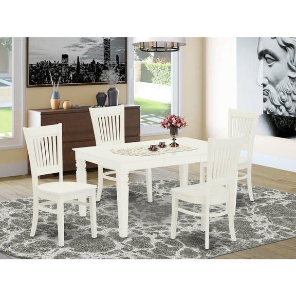 HomeStock Mediterranean Magic 5-Piece Kitchen Set 4 Dining Chairs With Slatted Back And A Wooden Seat And Butterfly Leaf Dining Room Table With Rectangular Top And 4 Legs- Linen White Finish