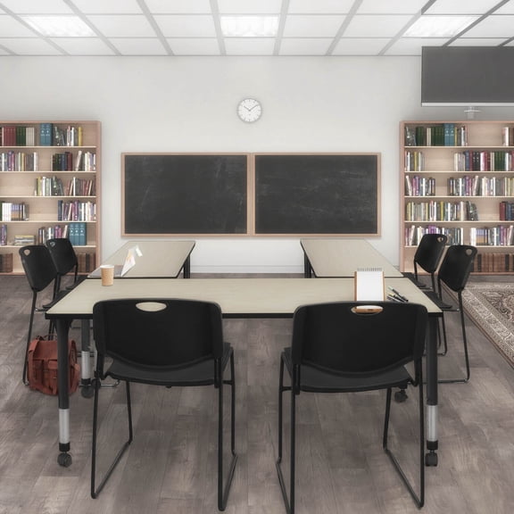 HomeStock Mediterranean Magic 60" x 24" Height Adjustable Mobile Classroom Table in Maple with 2 Zeng Stack Chairs in Black for Flexible Learning Areas