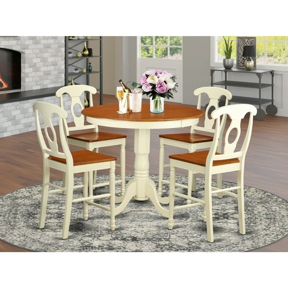 Kitchen Counter Height Dining Set - 5 Piece Table & Chair Set - Round Pedestal Table - Buttermilk & Cherry Finish