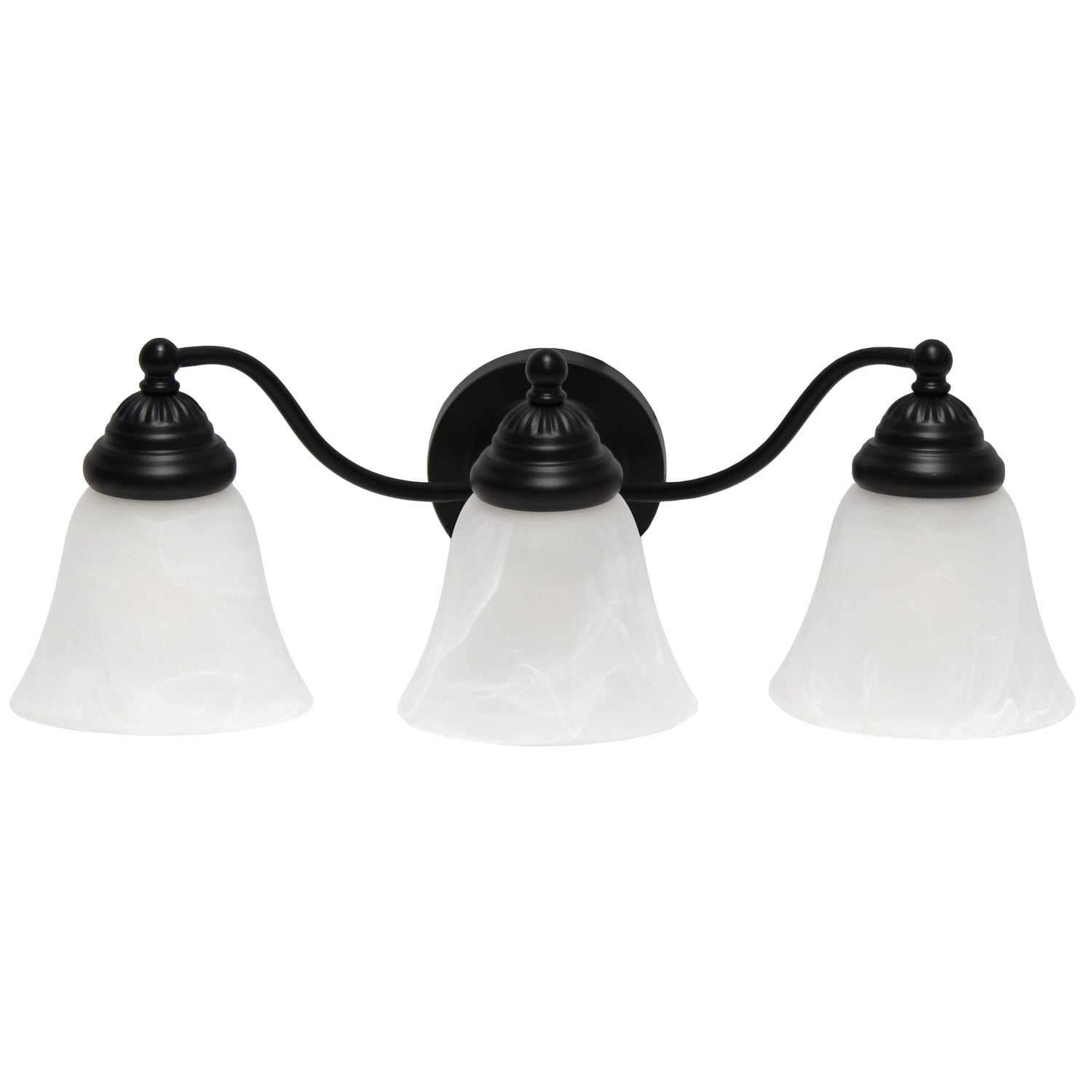 HomeStock Mediterranean Magic Traditional Three Light Curved Metal and Alabaster White Glass Shade Vanity Uplight Downlight Wall Mounted Fixture For Bathroom, Entryway, Hallway, Black