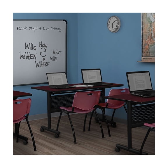 HomeStock Mediterranean Mastery 30" Flip Top Mobile Training Table with Modesty Panel in Mahogany and 2 Burgundy "M" Stack Chairs for Elegant Collaborative Spaces