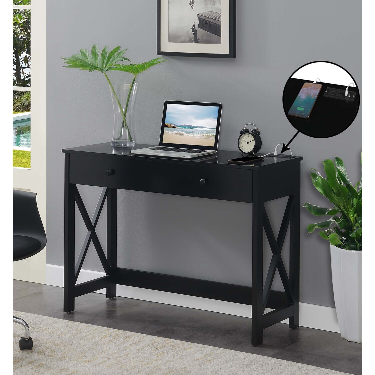 Modern Oxford 42" Black Desk with Built-In Charging Station