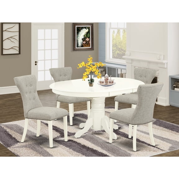 HomeStock Mediterranean Mastery 5-Pc Modern Dining Table Set ncluded A Butterfly Leaf Oval Dining Table & 4 Parson Chairs, Doeskin Linen Fabric Kitchen Chairs Seat With Rubber Wood Legs, Linen White