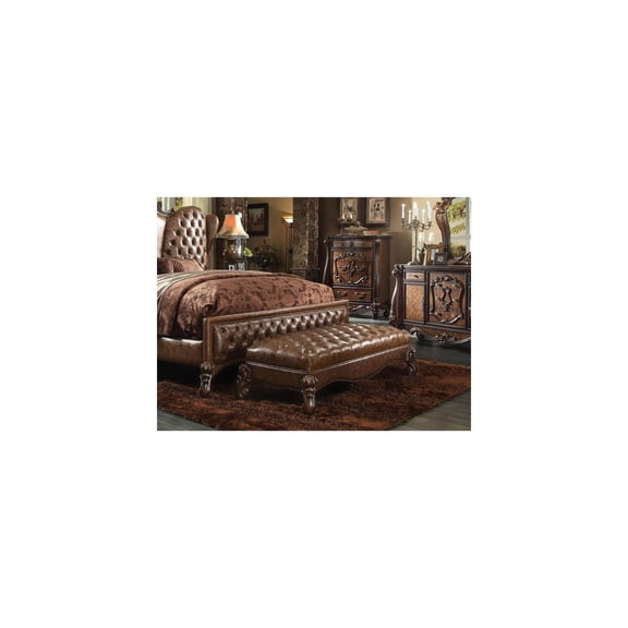 HomeStock Mediterranean Mastery Bench, 2-Tone Light Brown PU & Cherry Oak