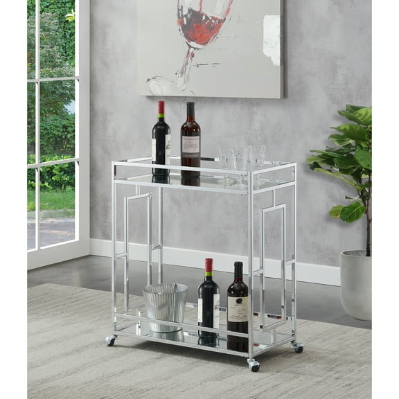 Square Bar Cart with Glass Shelf - Rolling Drinks Cart for Home Bar & Kitchen