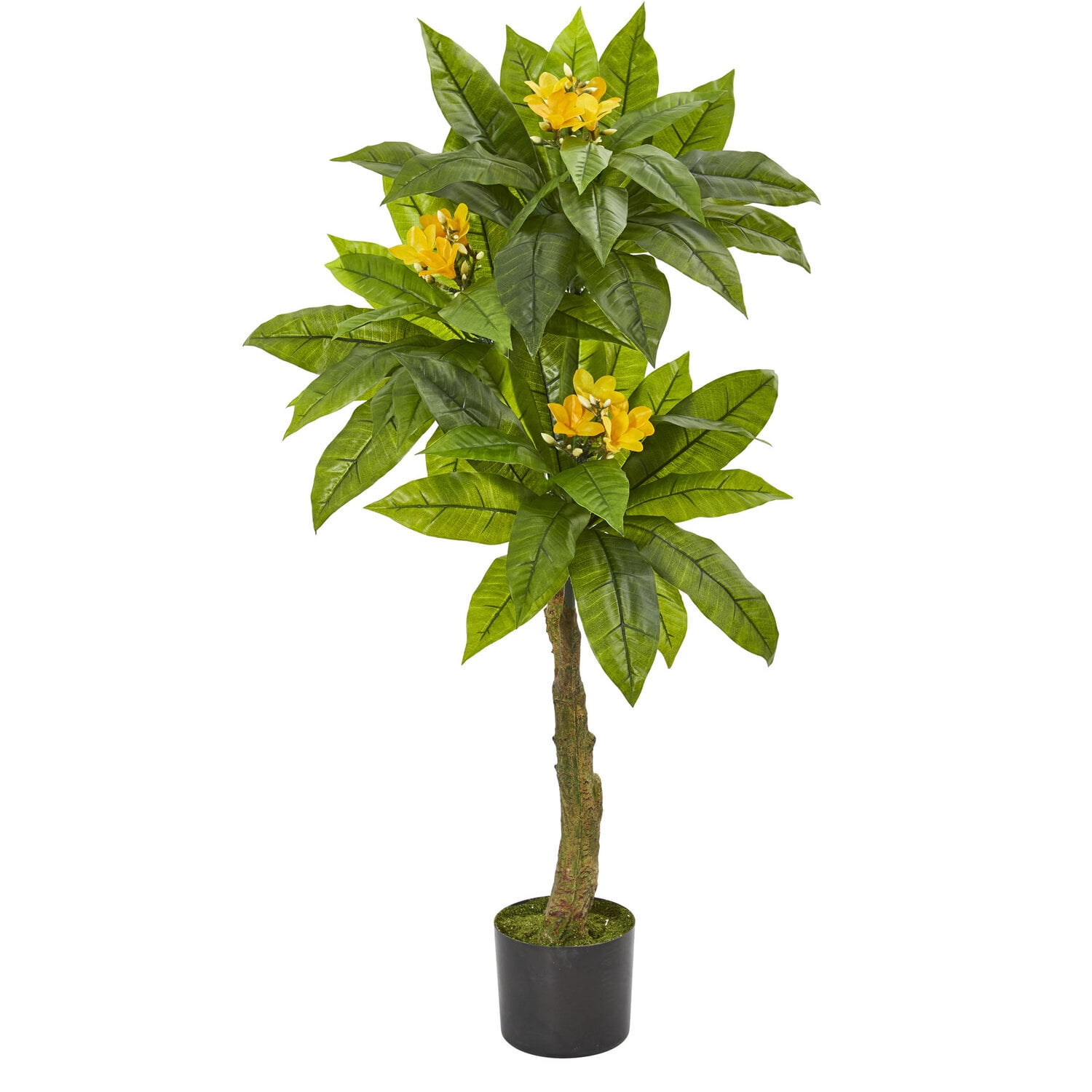 4ft Green and Yellow UV Resistant Plumeria Artificial Tree in Black Planter
