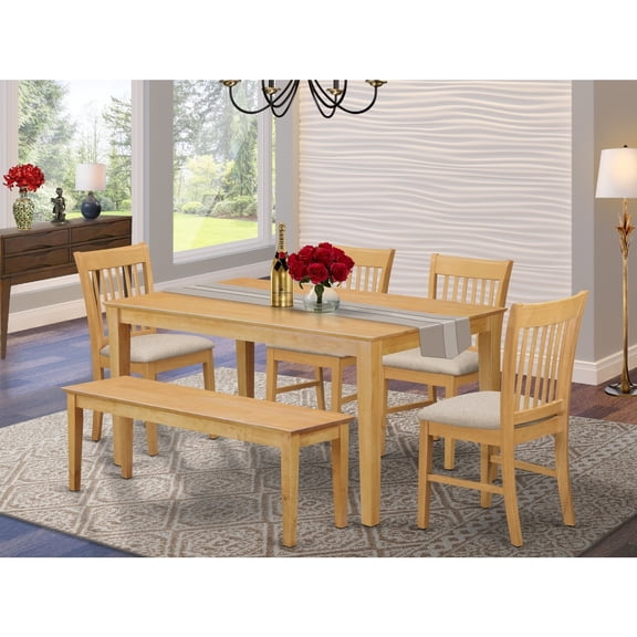 Mediterranean Dining Set - 6 Piece Kitchen Table & Chair Set - Linen Fabric Chairs - 36x60 Inch Table