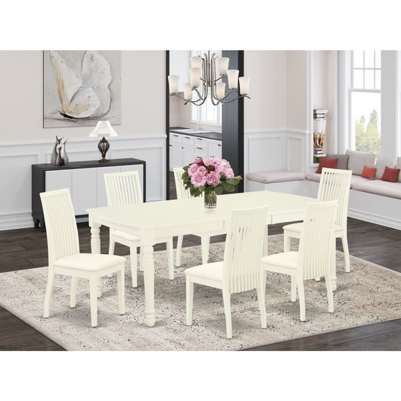 HomeStock Mediterranean Mingle 7Pc Dinette Set Includes A Rectangular Kitchen Table With Butterfly Leaf And Six Linen Seat Dining Chairs, Linen White Finish