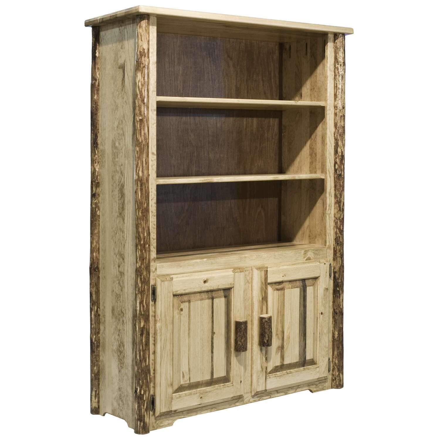 Rustic Bookcase with Storage - Solid Wood Shelves, Natural Style, Door ...