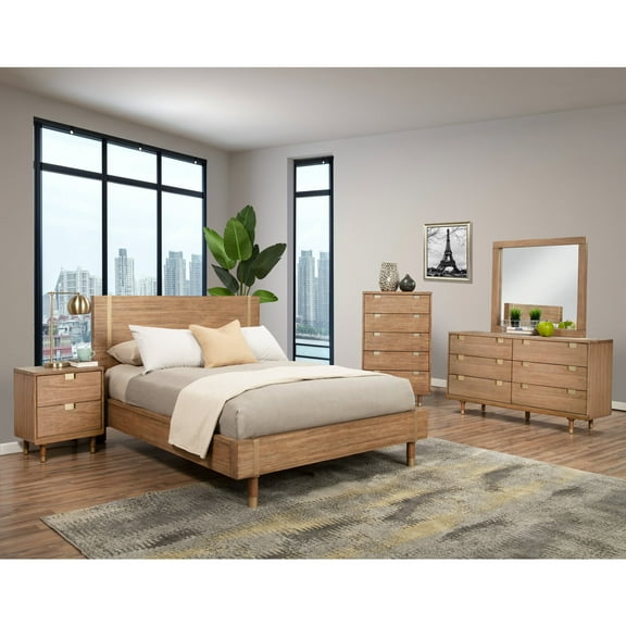 King Platform Bed with Spindle Headboard - Modern Low Profile Design, Mahogany Finish