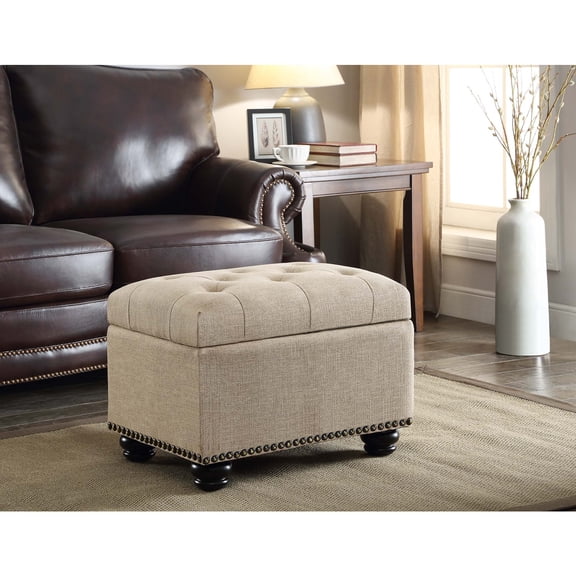 HomeStock Mediterranean Mingle Storage Ottoman 24" - Contemporary Foot Stool and Seat with Hinged Lid for Living Room, Dining Room, Office, Tan