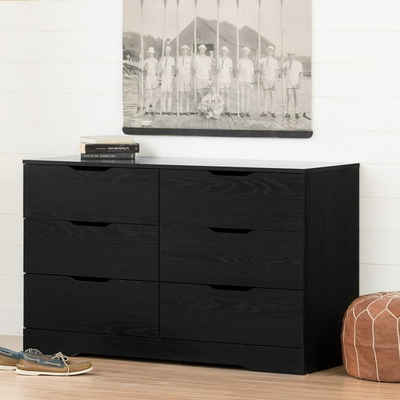 HomeStock Mid-Century Marvel 6-Drawer Double Dresser, Black Oak, Filing Dresser, Freestanding, Bedroom Dresser - 19"D x 51.25"W x 31.25"H