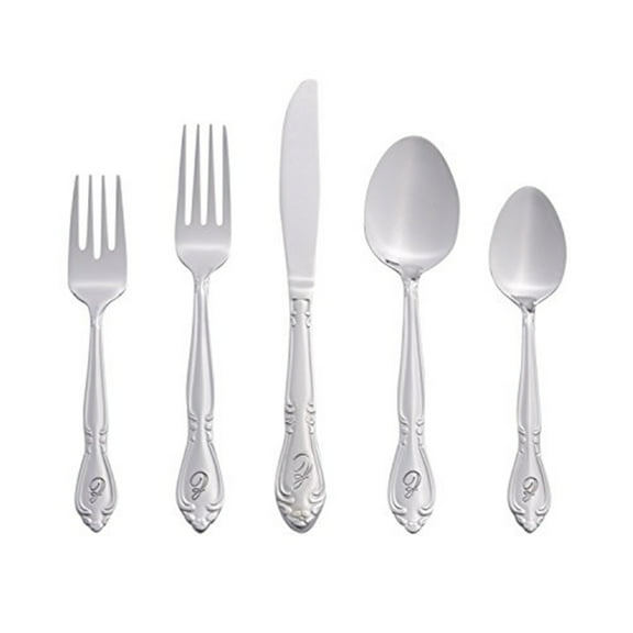 Gothic Grace Flatware Set - 46 Piece Stainless Steel Monogrammed Dinnerware - Rose Pattern Tableware