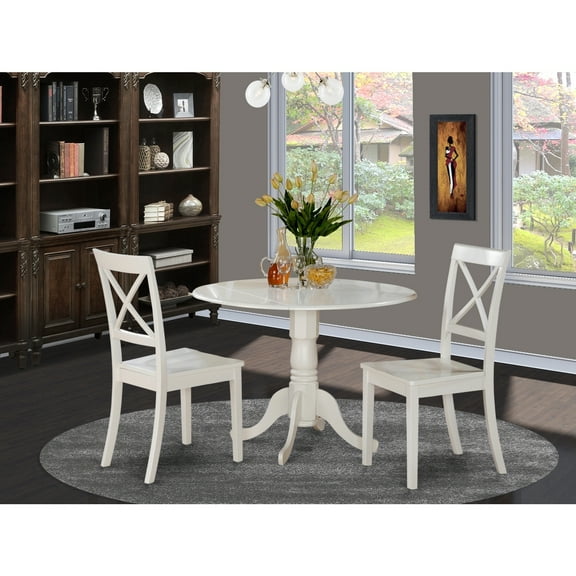 HomeStock Mid-Century Marvel Drop Leaf Kitchen Table with 2 Chairs in Linen White Finish, Round 42" Table with 9-Inch Leaves, 42"D x 30"H