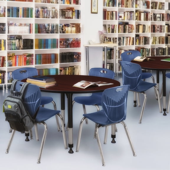 HomeStock Mid-Century Marvel Round Height Adjustable Classroom Table in Mahogany Stylish Mahogany Round Table Featuring Height Adjustment for Modern Educational Spaces