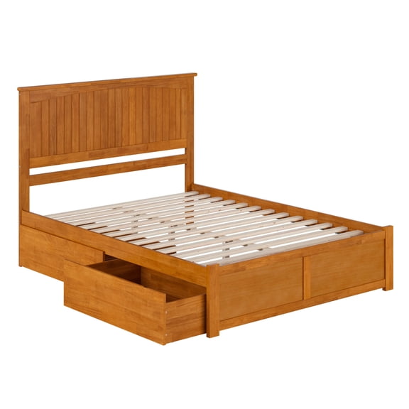 HomeStock Mid-Century Marvel Solid Wood Platform Bed with Footboard & Storage Drawers in Light Toffee
