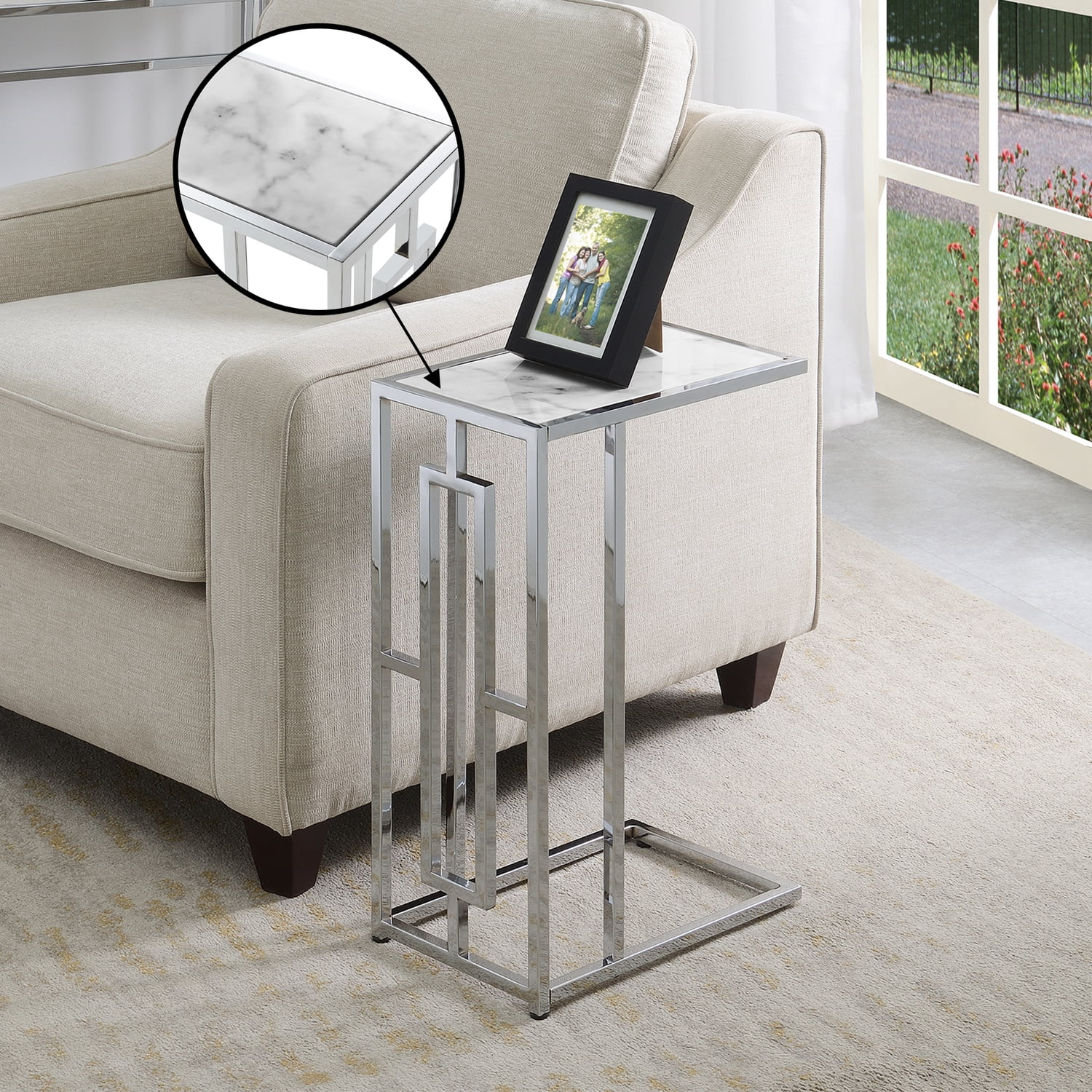 HomeStock Mid-Century Marvel Square Chrome Faux Marble C End Table ...